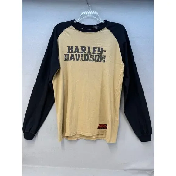 Harley Davidson T-shirt Men's L Black Gold Motorcycle Shirt Raglan Sleeve - Picture 1 of 12